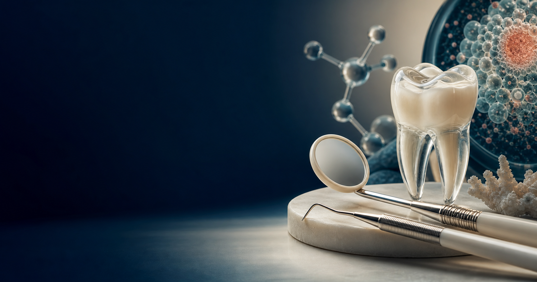 Dental instruments and a tooth model arranged with molecular and cellular forms